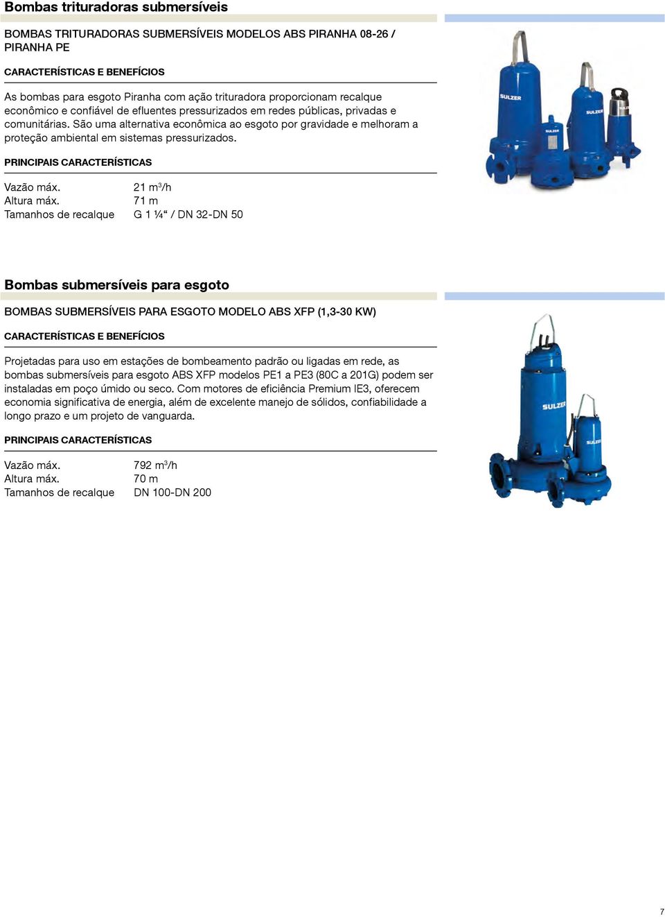 21 m 3 /h 71 m Tamanhos de recalque G 1 ¼ / DN 32-DN 50 Bombas submersíveis para esgoto BOMBAS SUBMERSÍVEIS PARA ESGOTO MODELO ABS XFP (1,3-30 KW) Projetadas para uso em estações de bombeamento