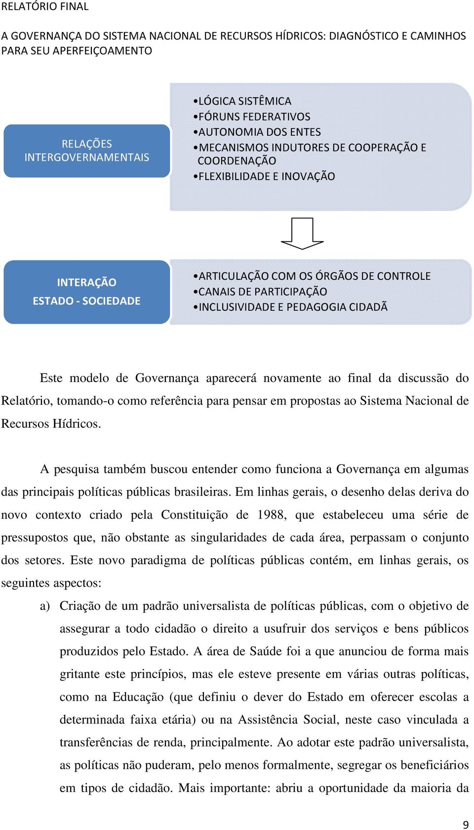 pensar em propostas ao Sistema Nacional de Recursos Hídricos. A pesquisa também buscou entender como funciona a Governança em algumas das principais políticas públicas brasileiras.