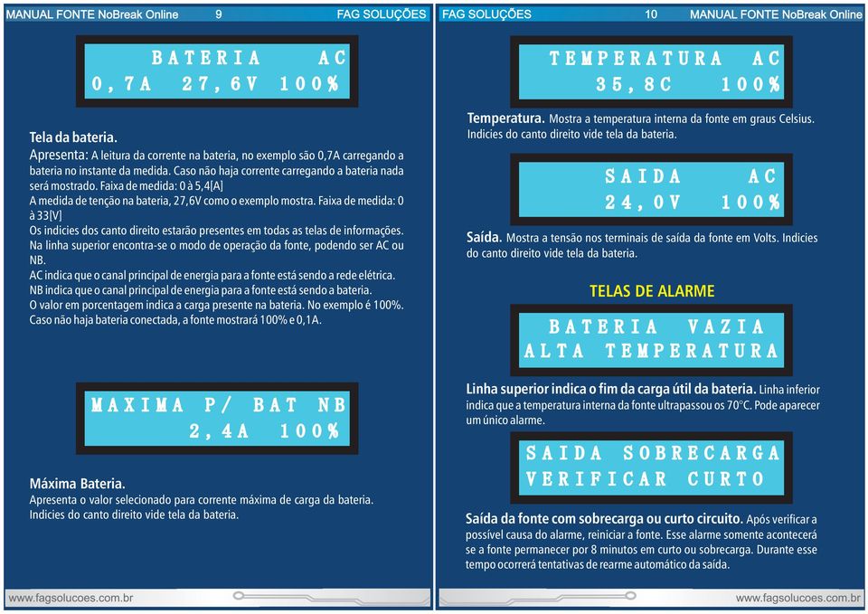 Faixa de medida: 0 à 33[V] Os indicies dos canto direito estarão presentes em todas as telas de informações. Na linha superior encontra-se o modo de operação da fonte, podendo ser AC ou NB.