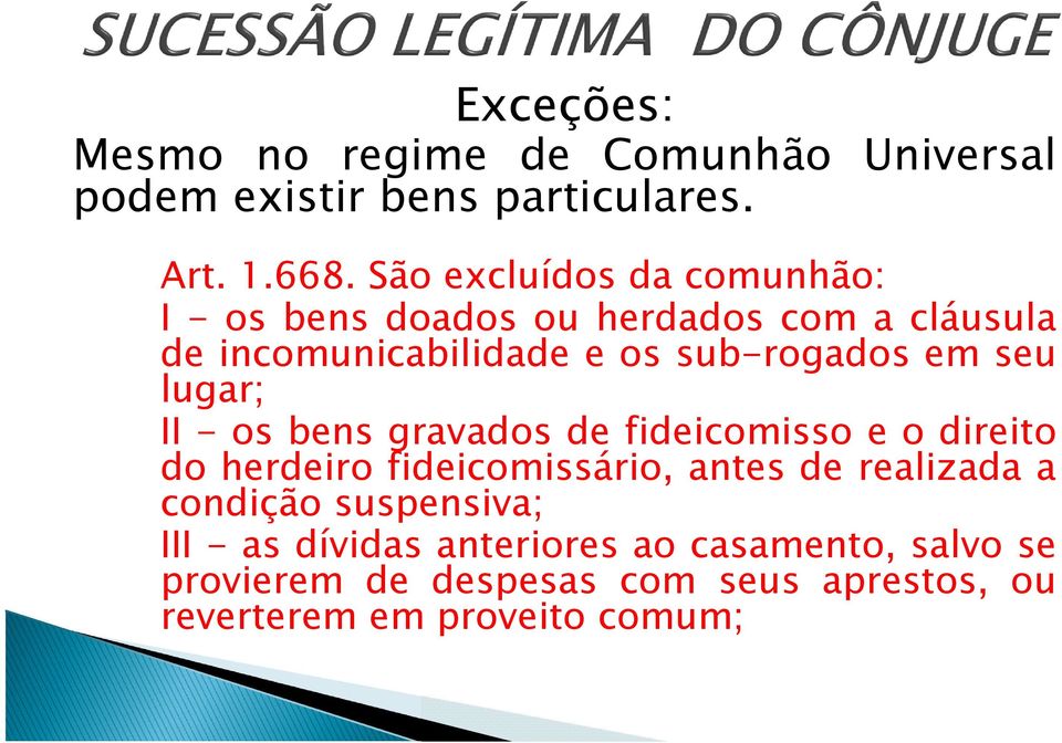 seu lugar; II - os bens gravados de fideicomisso e o direito do herdeiro fideicomissário, antes de realizada a