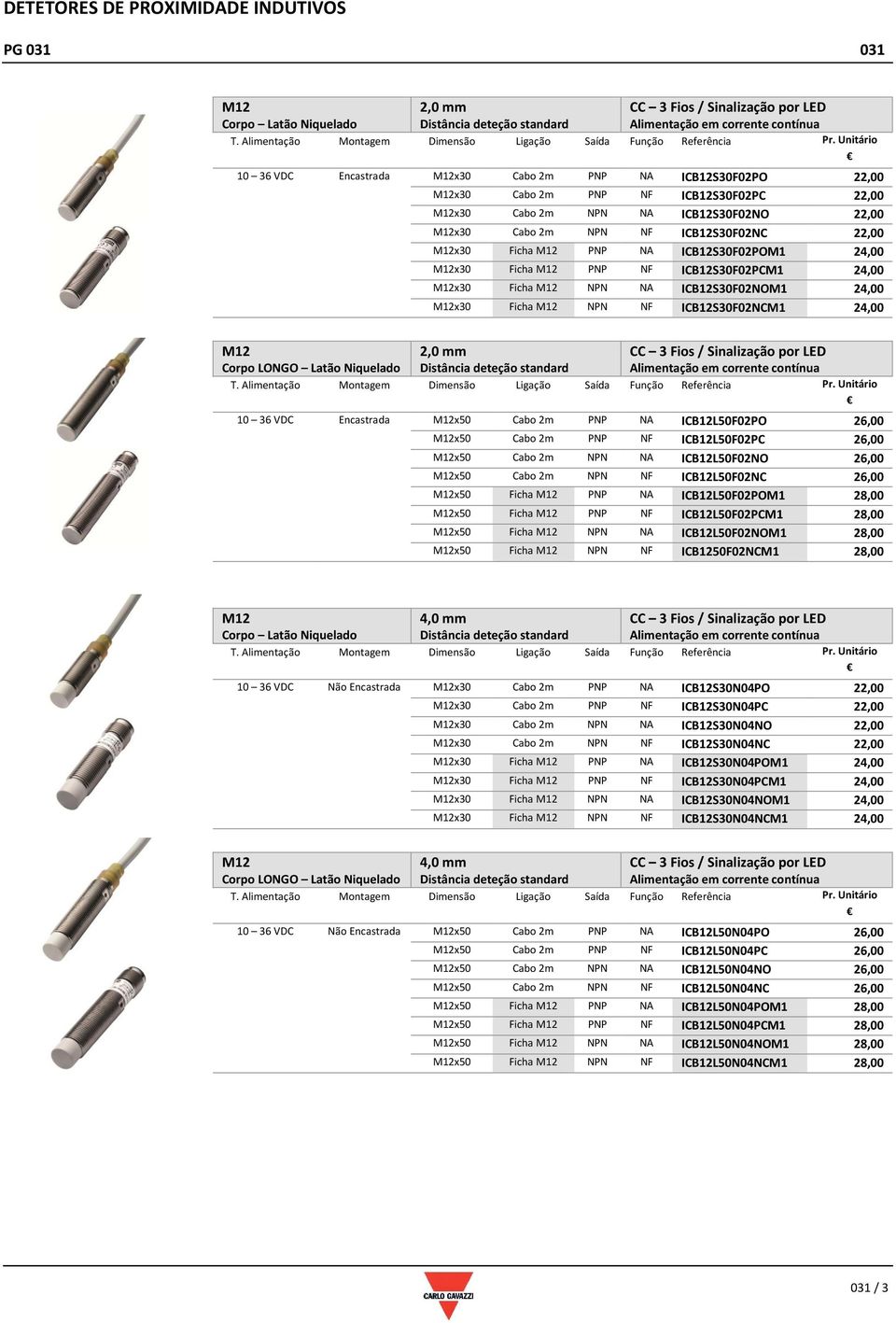 M12x30 Cabo 2m NPN NF ICB12S30F02NC 22,00 M12x30 Ficha M12 PNP NA ICB12S30F02POM1 24,00 M12x30 Ficha M12 PNP NF ICB12S30F02PCM1 24,00 M12x30 Ficha M12 NPN NA ICB12S30F02NOM1 24,00 M12x30 Ficha M12