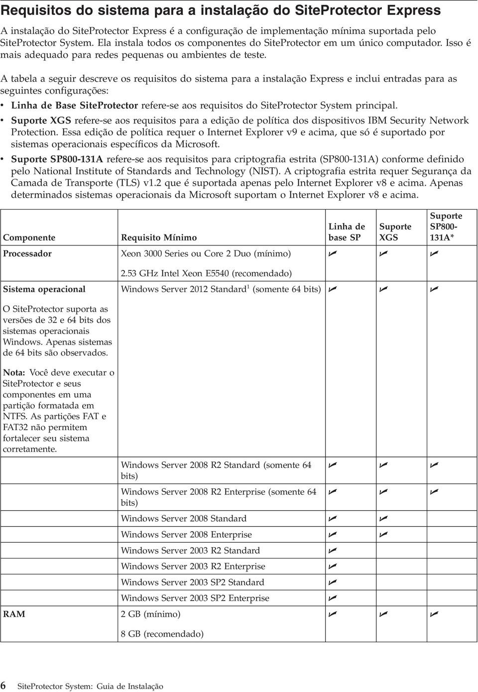 A tabela a seguir descreve os requisitos do sistema para a instalação Express e inclui entradas para as seguintes configurações: v Linha de Base SiteProtector refere-se aos requisitos do