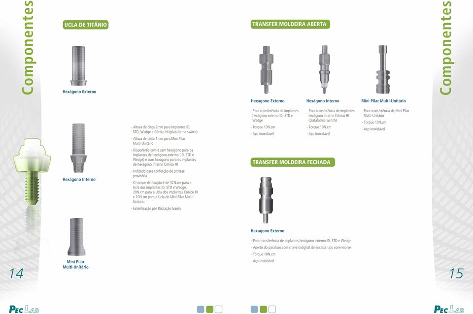 cm - Para transferência de implantes hexágono interno Cônico HI (plataforma switch) - Torque 10N.cm - Para transferência de Mini Pilar Multi-Unitário - Torque 10N.