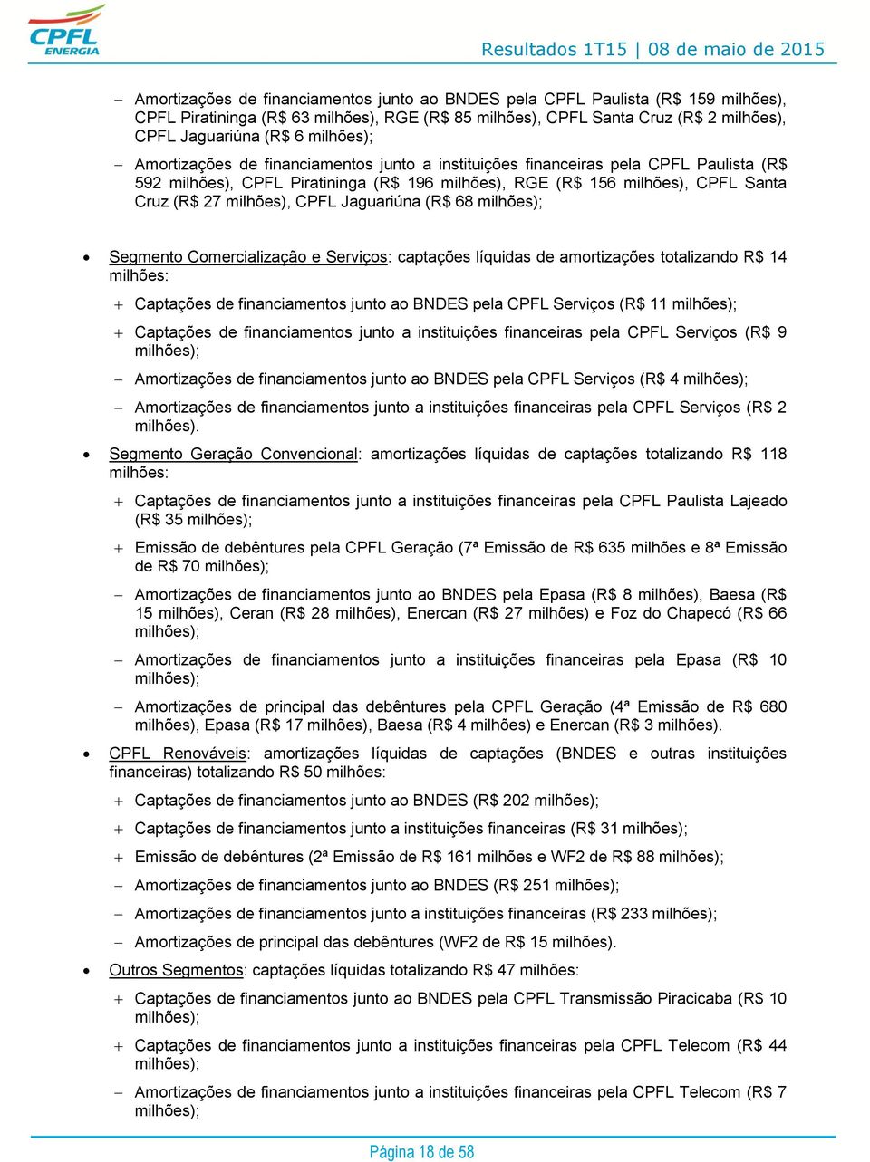 milhões), CPFL Jaguariúna (R$ 68 milhões); Segmento Comercialização e Serviços: captações líquidas de amortizações totalizando R$ 14 milhões: Captações de financiamentos junto ao BNDES pela CPFL