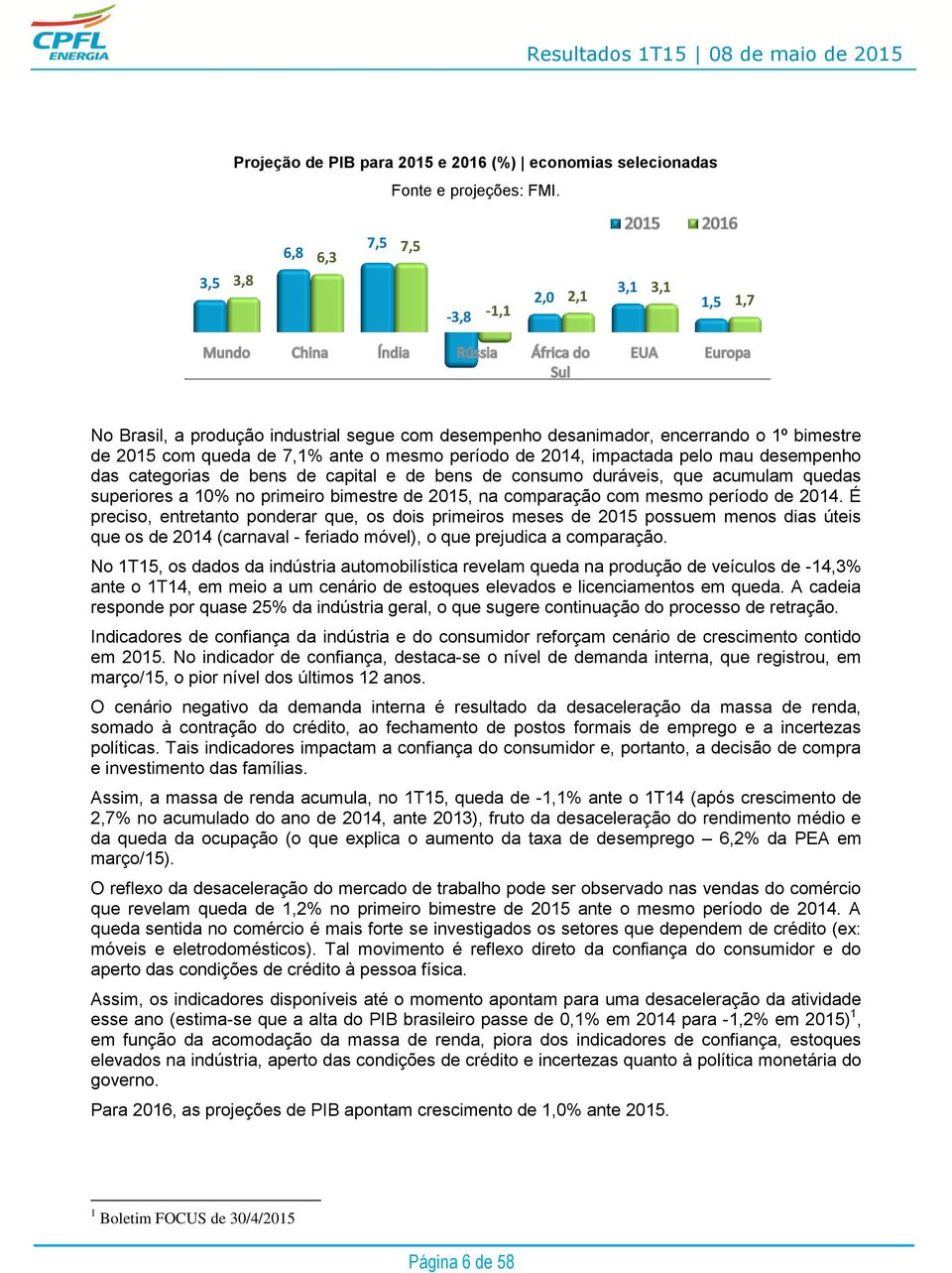 2014, impactada pelo mau desempenho das categorias de bens de capital e de bens de consumo duráveis, que acumulam quedas superiores a 10% no primeiro bimestre de 2015, na comparação com mesmo período