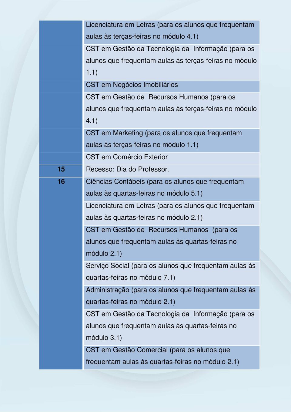 1) CST em Marketing (para os alunos que frequentam aulas às terças-feiras no módulo 1.1) CST em Comércio Exterior 15 Recesso: Dia do Professor.