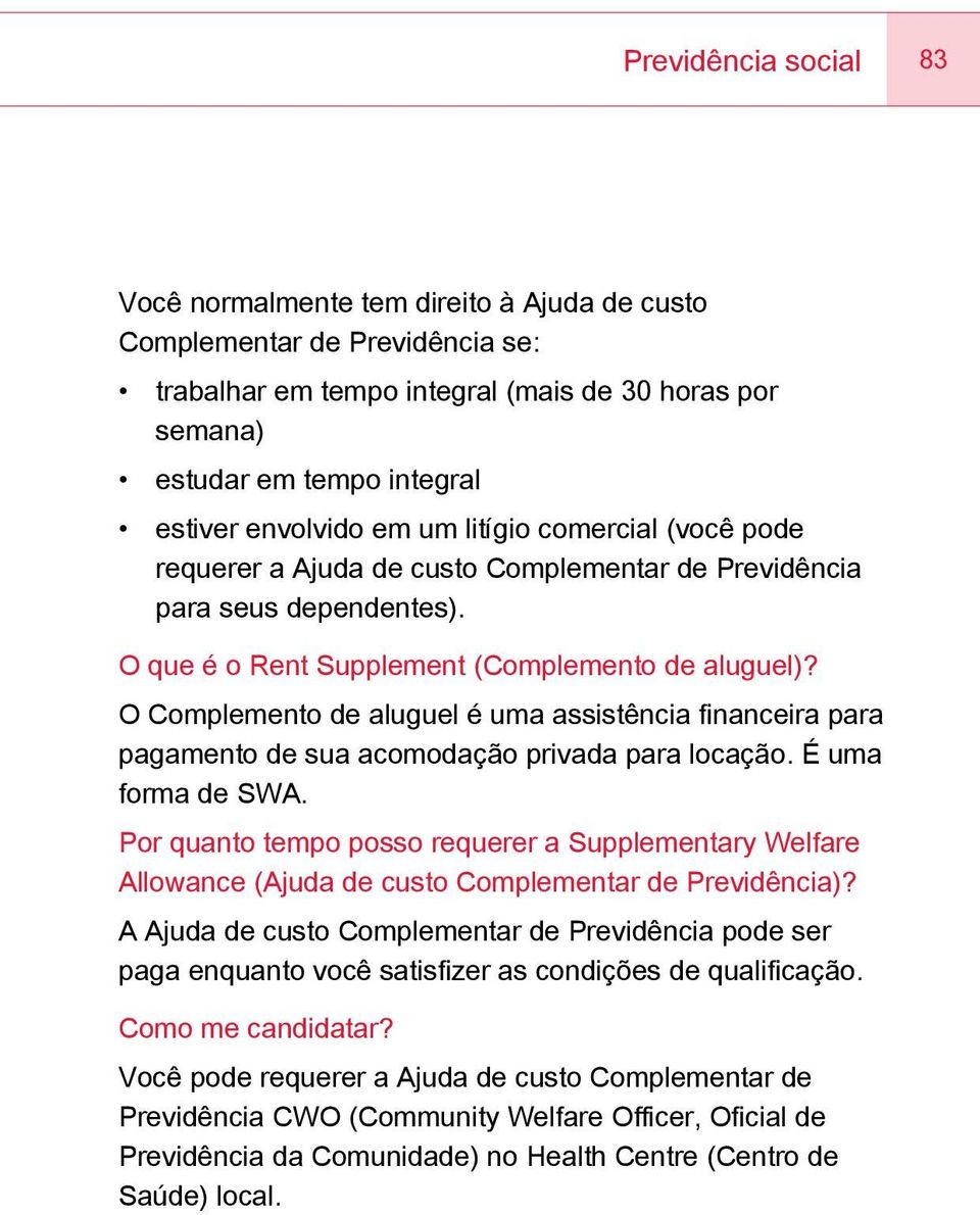 O Complemento de aluguel é uma assistência financeira para pagamento de sua acomodação privada para locação. É uma forma de SWA.