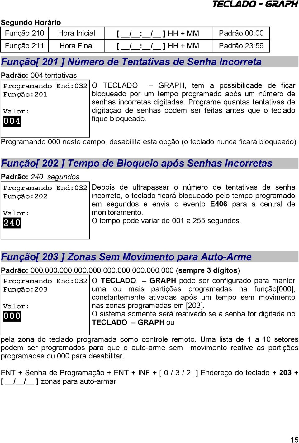 Programe quantas tentativas de digitação de senhas podem ser feitas antes que o teclado fique bloqueado. Programando 000 neste campo, desabilita esta opção (o teclado nunca ficará bloqueado).