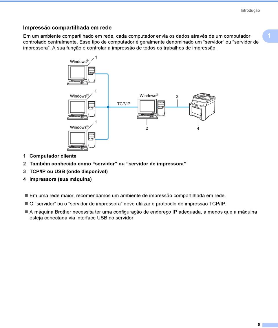 1 1 Computador cliente 2 Também conhecido como servidor ou servidor de impressora 3 TCP/IP ou USB (onde disponível) 4 Impressora (sua máquina) Em uma rede maior, recomendamos um ambiente de