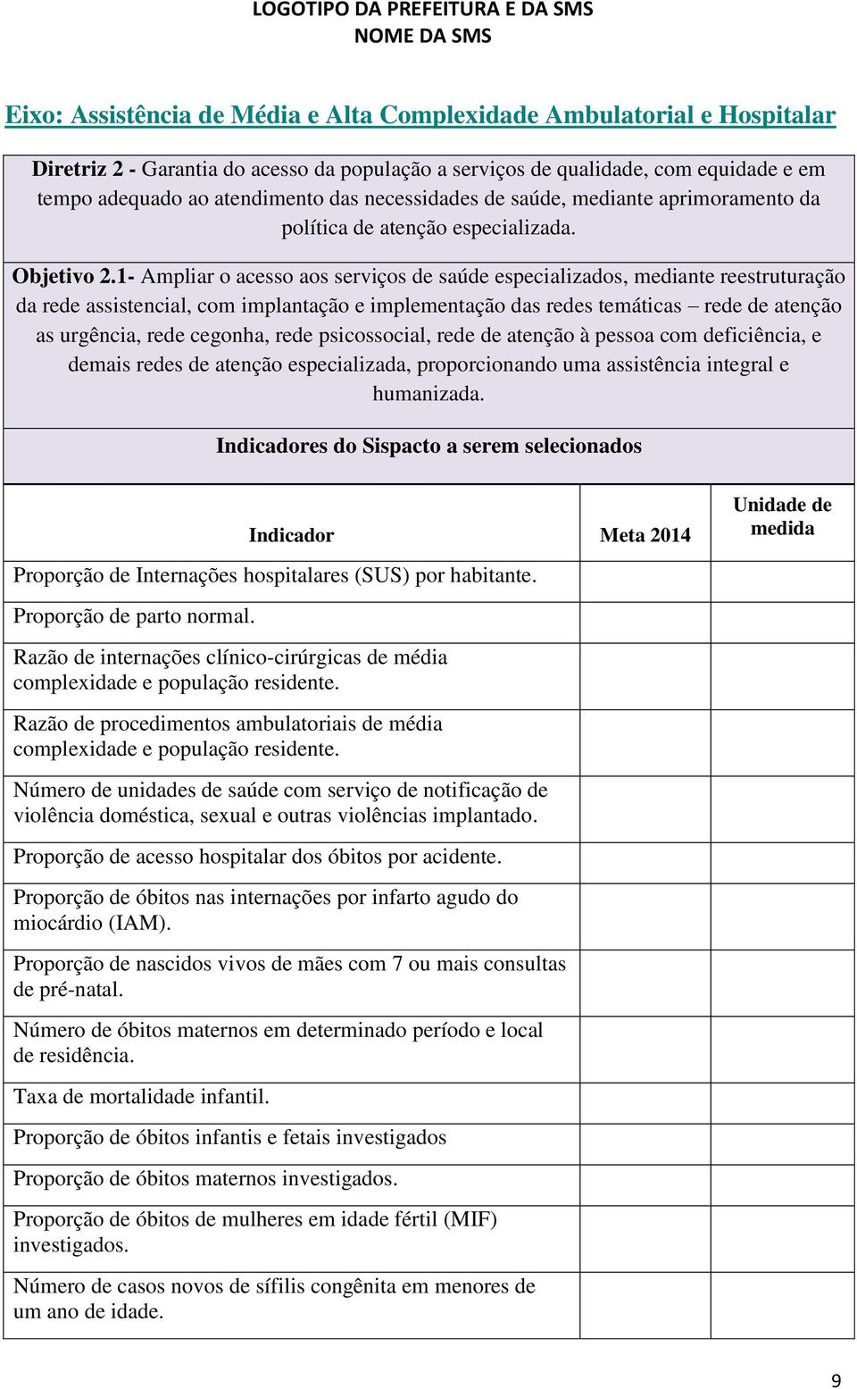 1- Ampliar o acesso aos serviços de saúde especializados, mediante reestruturação da rede assistencial, com implantação e implementação das redes temáticas rede de atenção as urgência, rede cegonha,