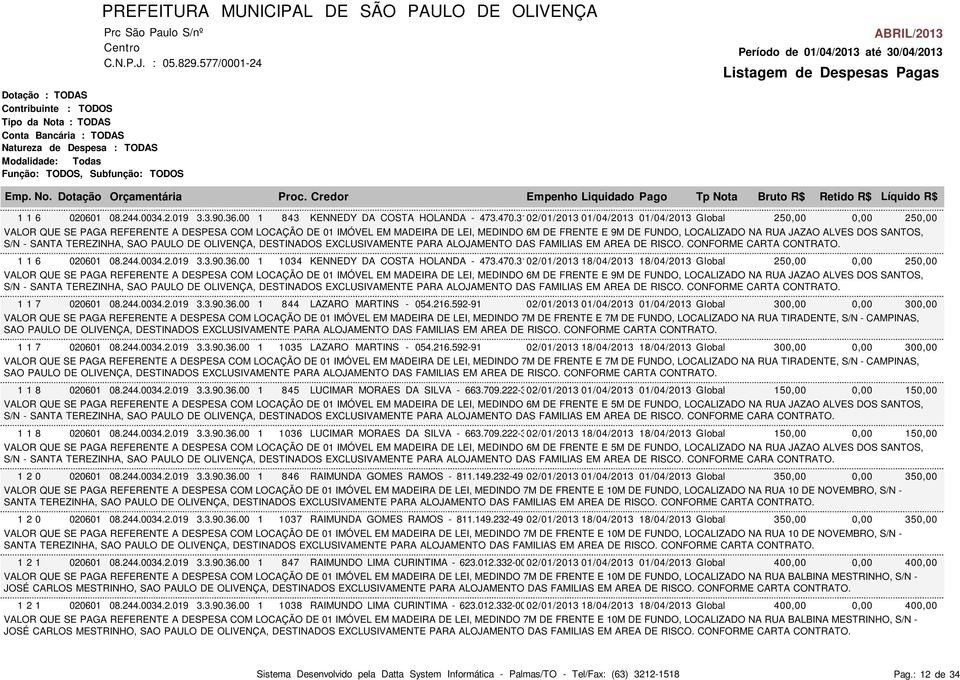 RUA JAZAO ALVES DOS SANTOS, S/N - SANTA TEREZINHA, SAO PAULO DE OLIVENÇA, DESTINADOS EXCLUSIVAMENTE PARA ALOJAMENTO DAS FAMILIAS EM AREA DE RISCO. CONFORME CARTA CONTRATO. 1 1 6 020601 08.244.0034.2.019 3.