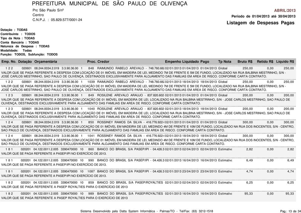 RUA BALBINA MESTRINHO, S/N - JOSÉ CARLOS MESTRINHO, SAO PAULO DE OLIVENÇA, DESTINADOS EXCLUSIVAMENTE PARA ALOJAMENTO DAS FAMILIAS EM AREA DE RISCO. CONFORME CARTA CONTRATO. 1 2 2 020601 08.244.0034.2.019 3.