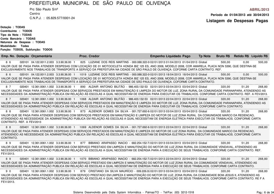 5390, QUE DESTINA-SE EXCLUSIVAMENTE NOS TRABALHOS DE TRANSPORTE A SERVIÇO DA PREFEITURA NA CIDADE DE SÃO PAULO DE OLIVENÇA. COFORME CARTA CONTRATO. REF. 8 6 020101 04.122.0011.2.003 3.3.90.36.