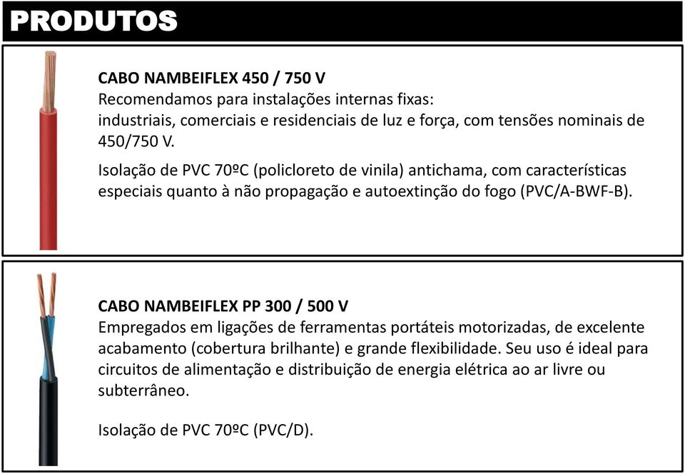 Isolação de PVC 70ºC (policloreto de vinila) antichama, com características especiais quanto à não propagação e autoextinção do fogo (PVC/A-BWF-B).