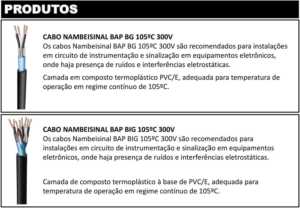 Camada em composto termoplástico PVC/E, adequada para temperatura de operação em regime contínuo de 105ºC.