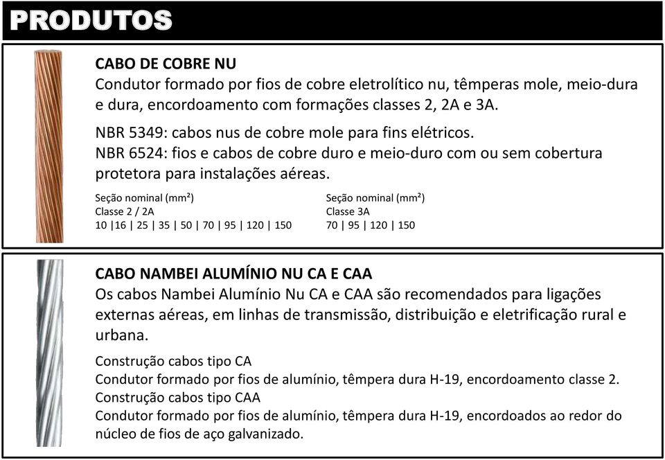 Seção nominal (mm²) Classe 2 / 2A 10 16 25 35 50 70 95 120 150 Seção nominal (mm²) Classe 3A 70 95 120 150 CABO NAMBEI ALUMÍNIO NU CA E CAA Os cabos Nambei Alumínio Nu CA e CAA são recomendados para