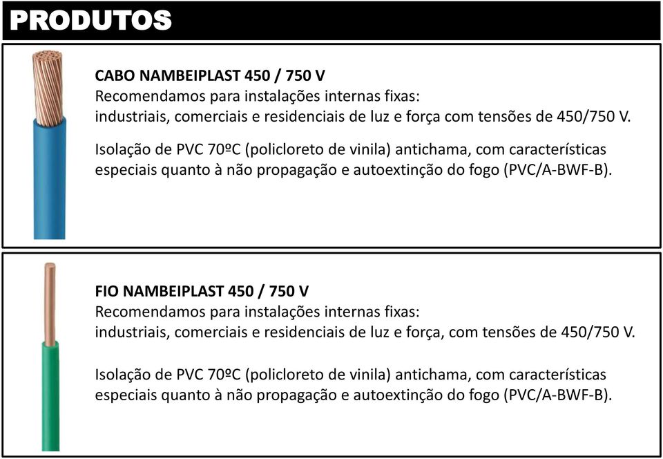 FIO NAMBEIPLAST 450 / 750 V Recomendamos para instalações internas fixas: industriais, comerciais e residenciais de luz e força, com tensões de 450/750