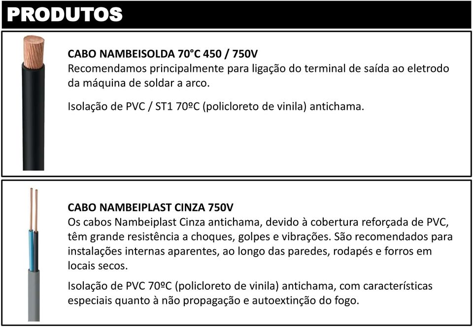 CABO NAMBEIPLAST CINZA 750V Os cabos Nambeiplast Cinza antichama, devido à cobertura reforçada de PVC, têm grande resistência a choques, golpes e