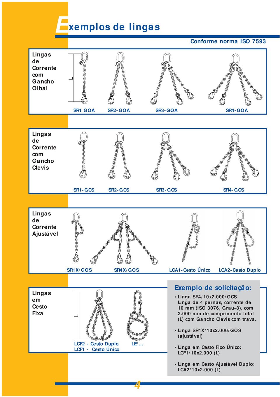 SR4/10x2.000/GCS. Linga de 4 pernas, corrente de 10 mm (ISO 3076, Grau-8), com 2.000 mm de comprimento total (L) com Gancho Clevis com trava.