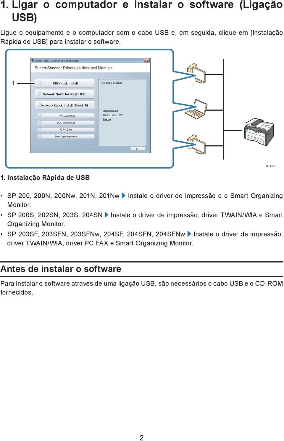 SP 200S, 202SN, 203S, 204SN Instale o driver de impressão, driver TWAIN/WIA e Smart Organizing Monitor.