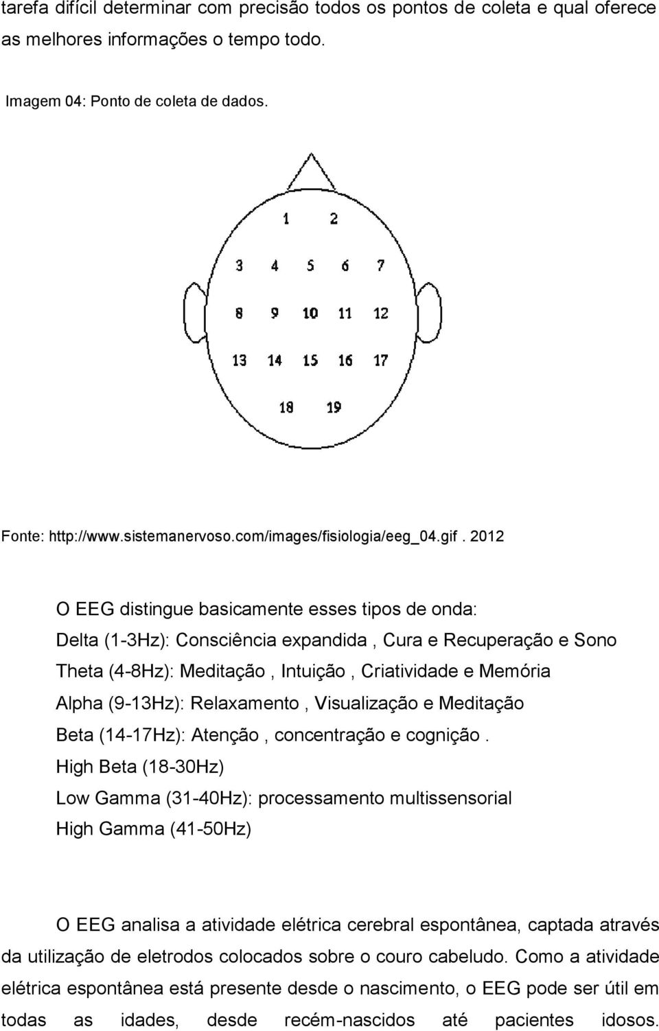 2012 O EEG distingue basicamente esses tipos de onda: Delta (1-3Hz): Consciência expandida, Cura e Recuperação e Sono Theta (4-8Hz): Meditação, Intuição, Criatividade e Memória Alpha (9-13Hz):