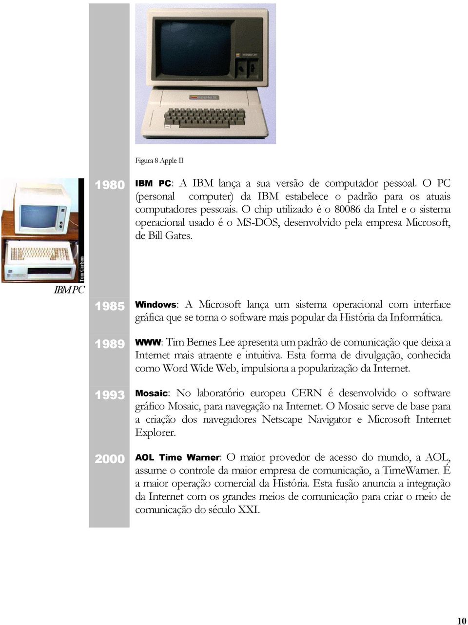 IBM PC 1985 1989 1993 2000 Windows: A Microsoft lança um sistema operacional com interface gráfica que se torna o software mais popular da História da Informática.