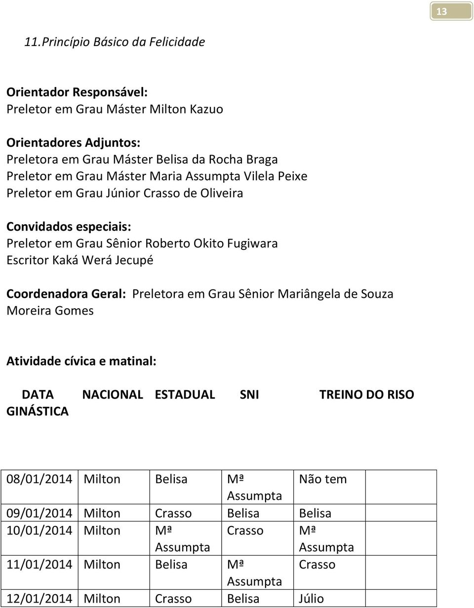 Máster Maria Assumpta Vilela Peixe Preletor em Grau Júnior Crasso de Oliveira Convidados especiais: Preletor em Grau Sênior Roberto Okito Fugiwara Escritor Kaká Werá Jecupé