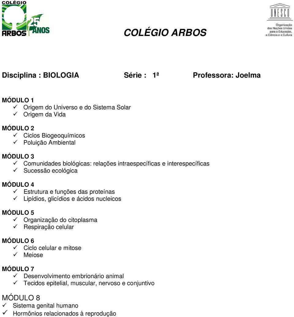 proteínas Lipídios, glicídios e ácidos nucleicos MÓDULO 5 Organização do citoplasma Respiração celular MÓDULO 6 Ciclo celular e mitose Meiose MÓDULO