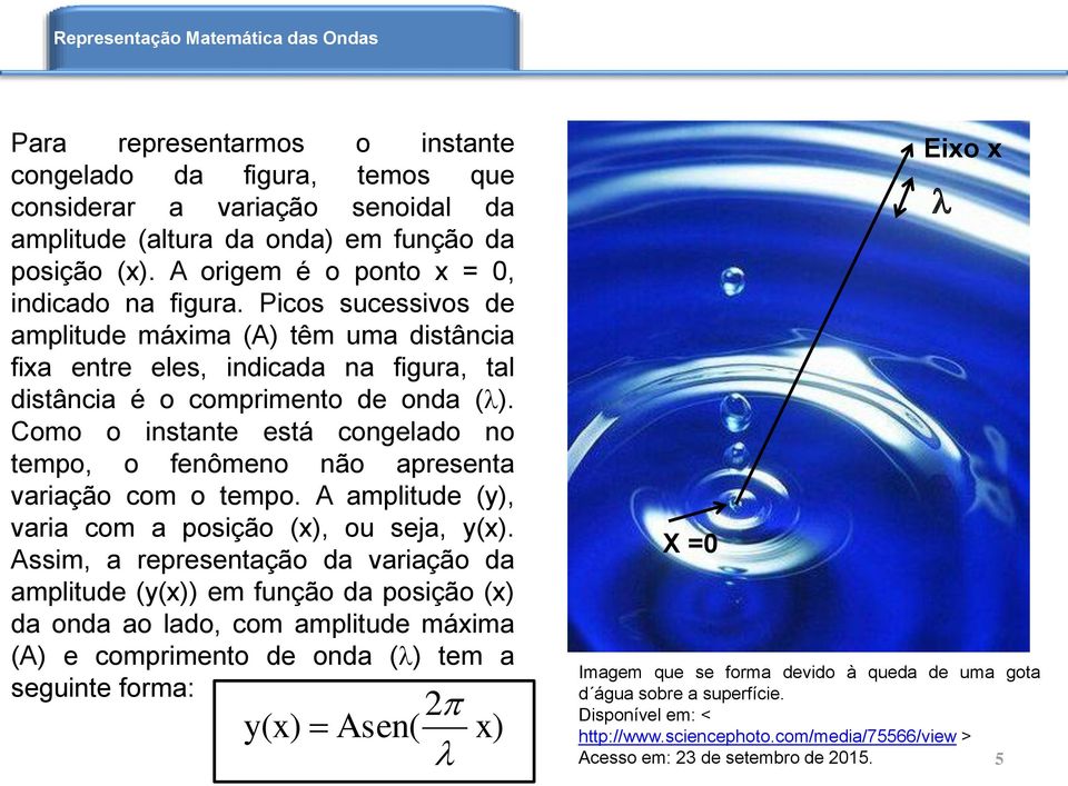 Como o instante está congelado no tempo, o fenômeno não apresenta variação com o tempo. A amplitude (y), varia com a posição (x), ou seja, y(x).