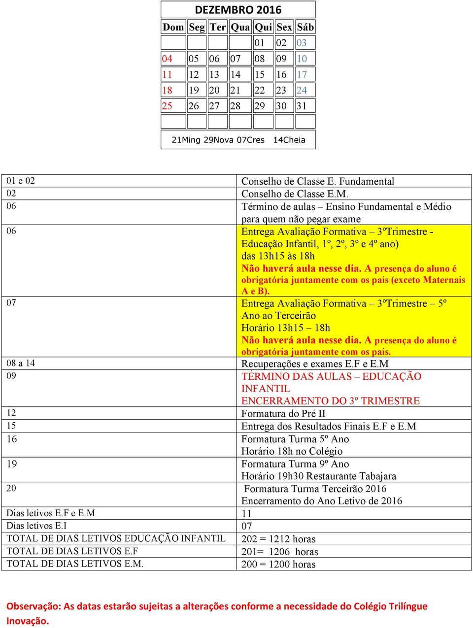 06 Término de aulas Ensino Fundamental e Médio para quem não pegar exame 06 Entrega Avaliação Formativa 3ºTrimestre - Educação Infantil, 1º, 2º, 3º e 4º ano) das 13h15 às 18h obrigatória juntamente