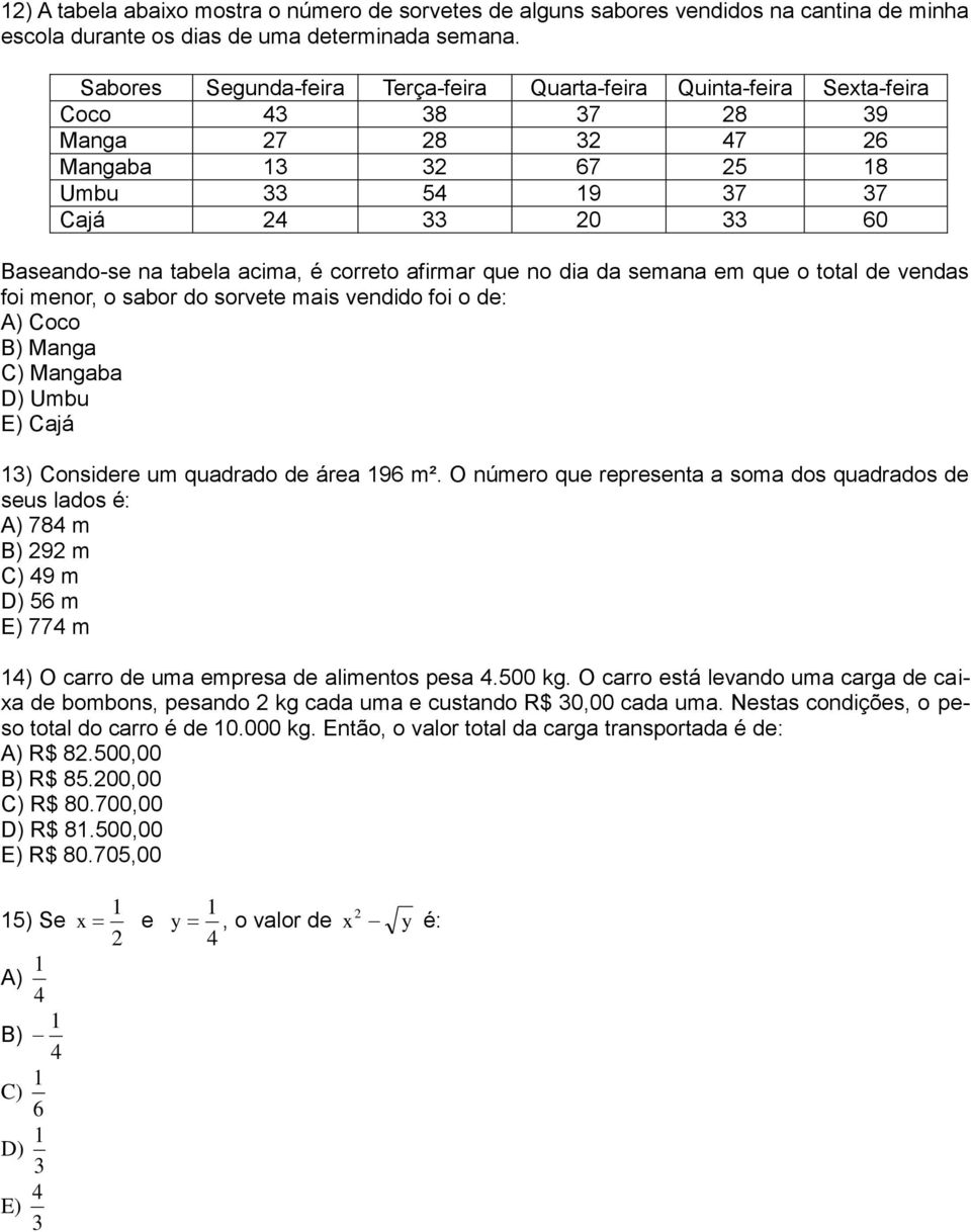 semana em que o total de vendas foi menor, o sabor do sorvete mais vendido foi o de: A) Coco B) Manga C) Mangaba D) Umbu E) Cajá ) Considere um quadrado de área 96 m².