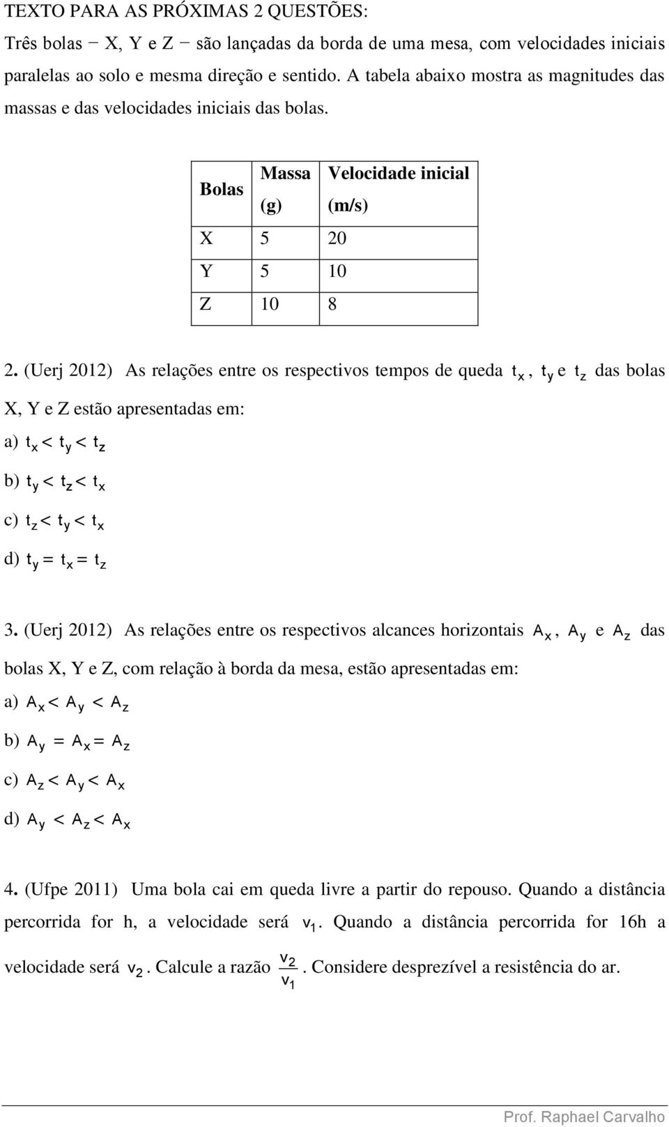 (Uerj 01) As relações entre os respectivos tempos de queda t x X, Y e Z estão apresentadas em: a) t x < t y < t z b) t y < t z < t x c) t z < t y < t x d) t y = t x = t z, t y e t z das bolas 3.