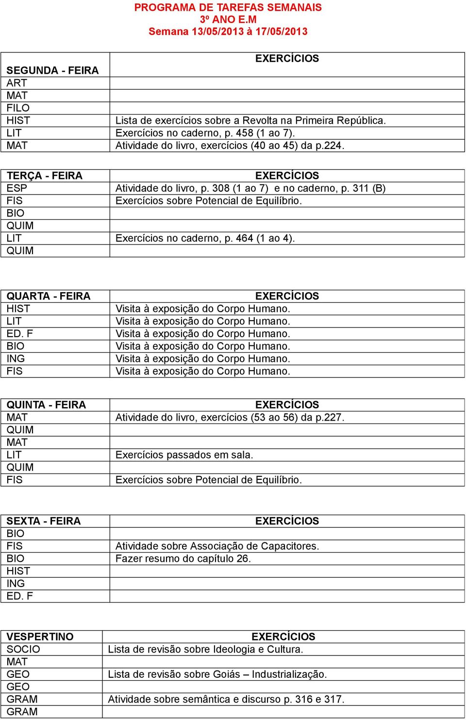 QUA - FEIRA QUINTA - FEIRA Atividade do livro, exercícios (53 ao 56) da p.227. Exercícios passados em sala. Exercícios sobre Potencial de Equilíbrio.