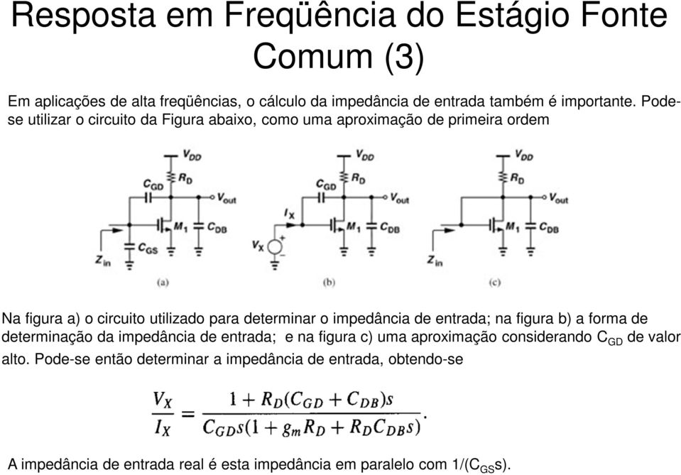 impedância de entrada; na figura b) a forma de determinação da impedância de entrada; e na figura c) uma aproximação considerando C GD de