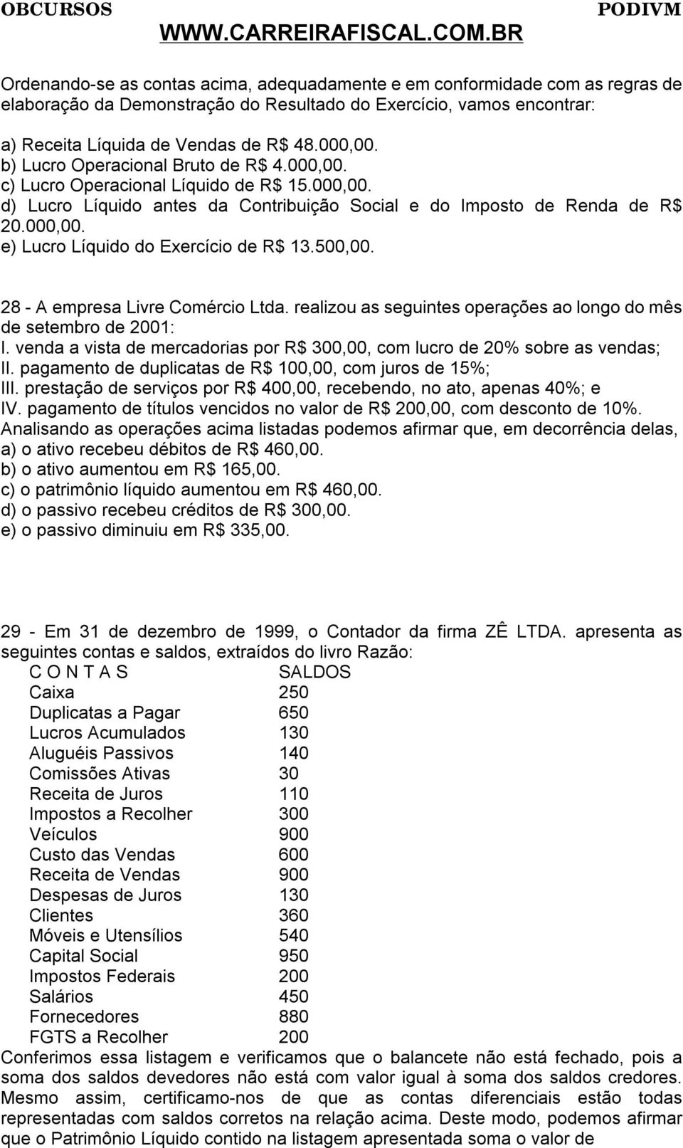 500,00. 28 - A empresa Livre Comércio Ltda. realizou as seguintes operações ao longo do mês de setembro de 2001: I. venda a vista de mercadorias por R$ 300,00, com lucro de 20% sobre as vendas; II.