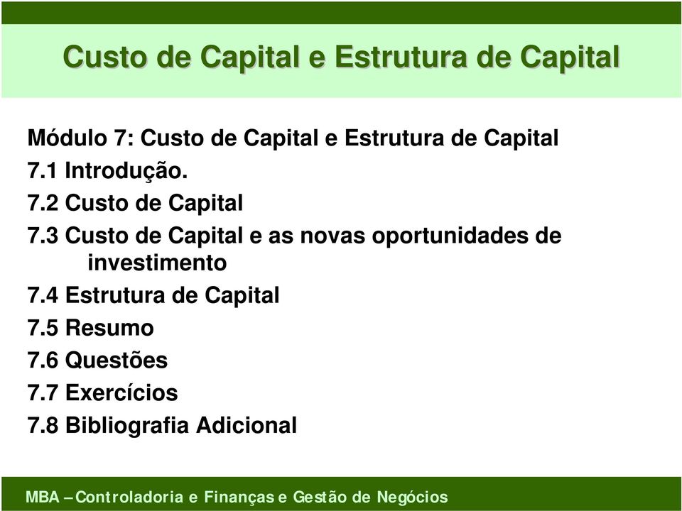 3 Custo de Capital e as novas oportunidades de investimento 7.