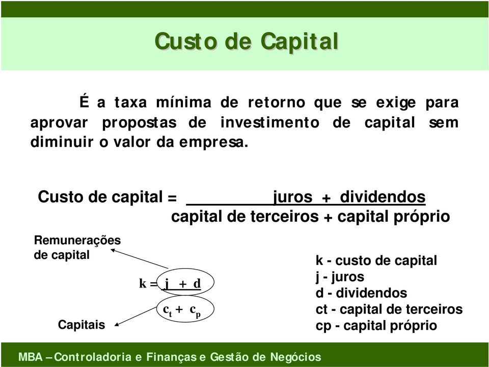 Custo de capital = juros + dividendos capital de terceiros + capital próprio Remunerações
