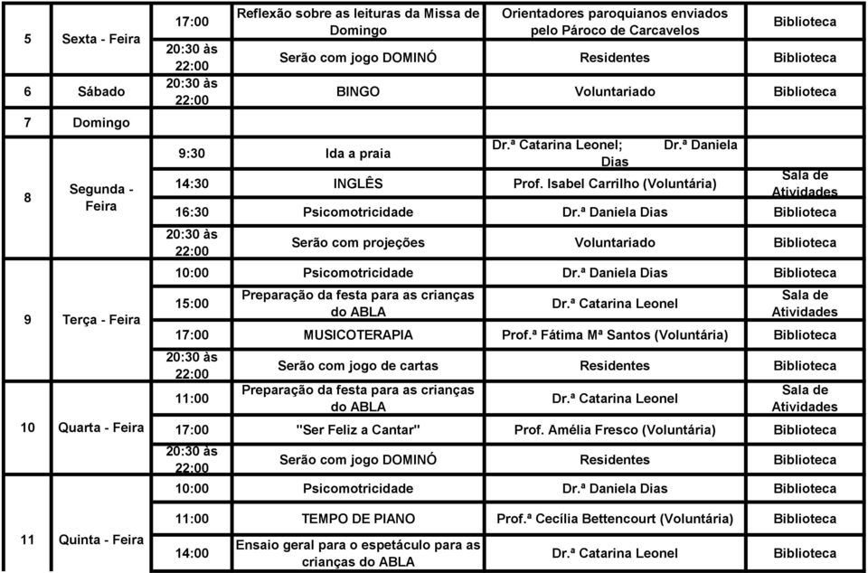 Isabel Carrilho (Voluntária) 16:30 Psicomotricidade Dr.ª Daniela Dias Biblioteca Serão com projeções Voluntariado Biblioteca 10:00 Psicomotricidade Dr.