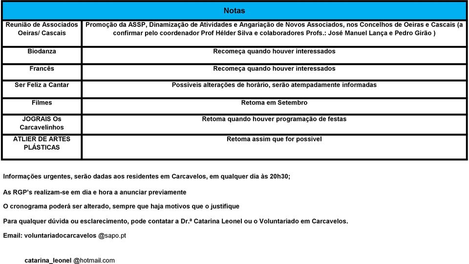 : José Manuel Lança e Pedro Girão ) Recomeça quando houver interessados Recomeça quando houver interessados Possíveis alterações de horário, serão atempadamente informadas Retoma em Setembro Retoma