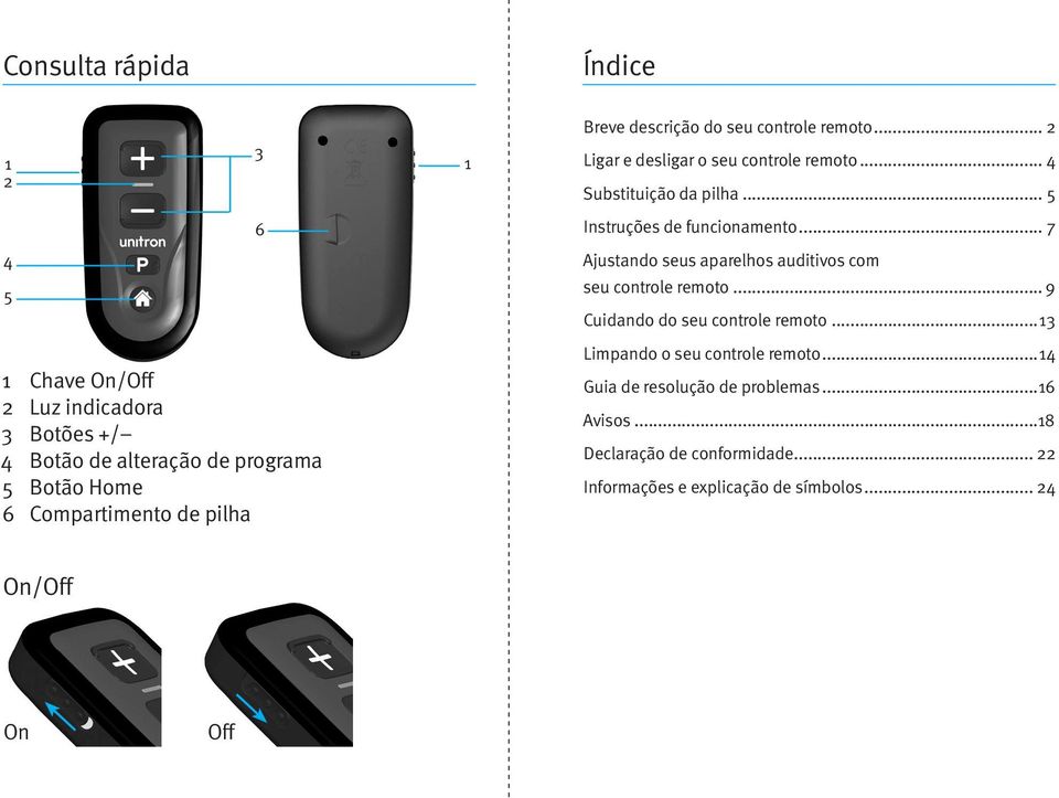 ..13 1 Chave On/Off 2 Luz indicadora 3 Botões +/ 4 Botão de alteração de programa 5 Botão Home 6 Compartimento de pilha Limpando o seu controle