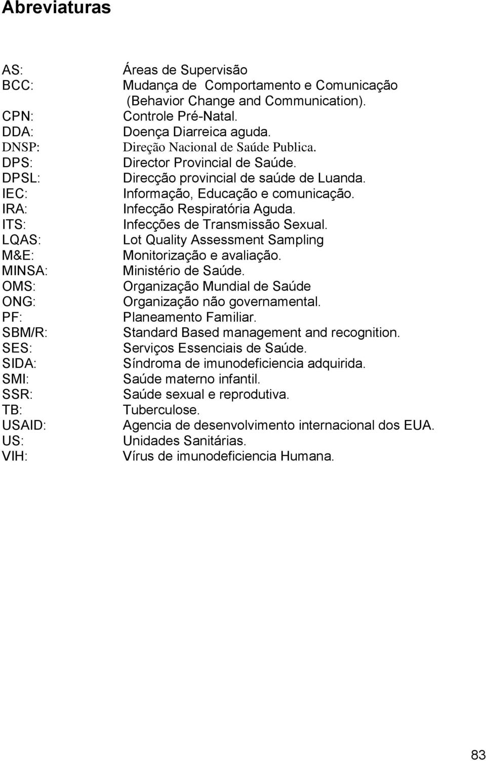 Informação, Educação e comunicação. Infecção Respiratória Aguda. Infecções de Transmissão Sexual. Lot Quality Assessment Sampling Monitorização e avaliação. Ministério de Saúde.