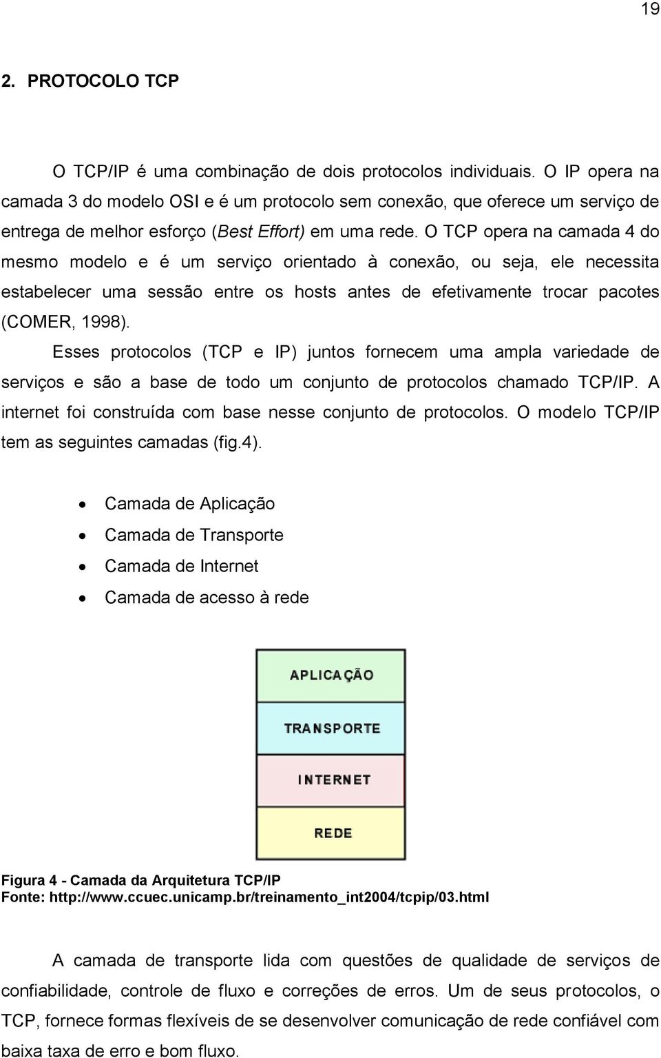 O TCP opera na camada 4 do mesmo modelo e é um serviço orientado à conexão, ou seja, ele necessita estabelecer uma sessão entre os hosts antes de efetivamente trocar pacotes (COMER, 1998).