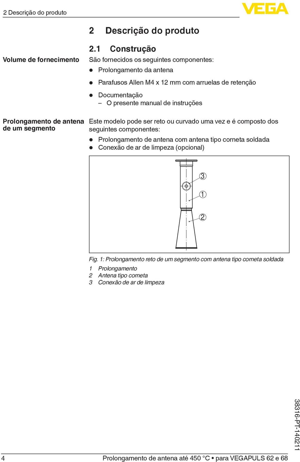 presente manual de instruções Prolongamento de antena de um segmento Este modelo pode ser reto ou curvado uma vez e é composto dos seguintes