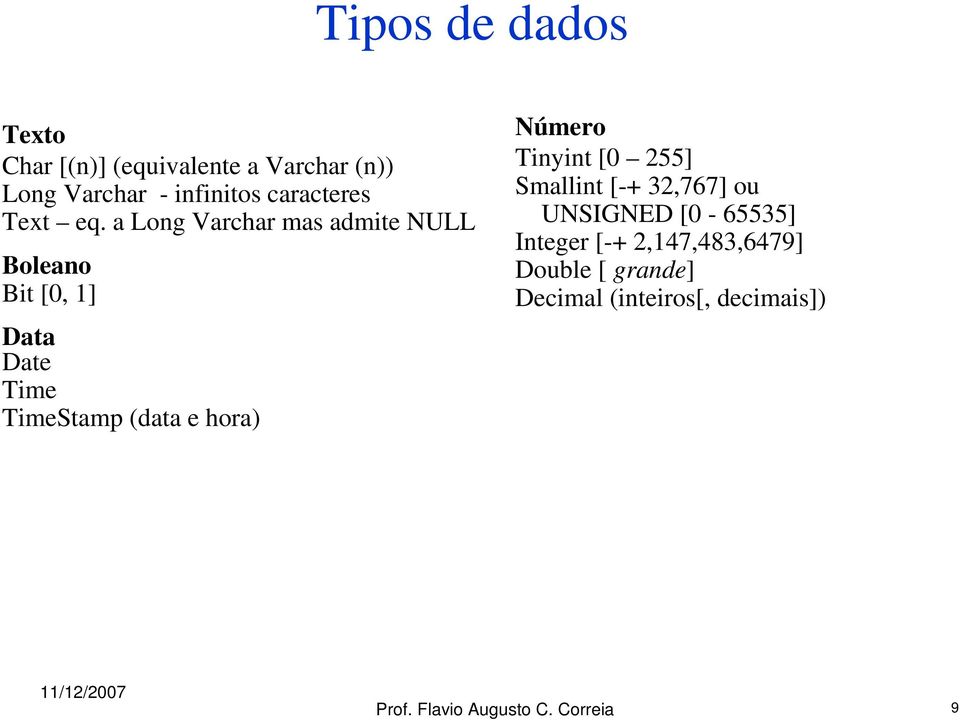 a Long Varchar mas admite NULL Boleano Bit [0, 1] Data Date Time TimeStamp (data e hora)