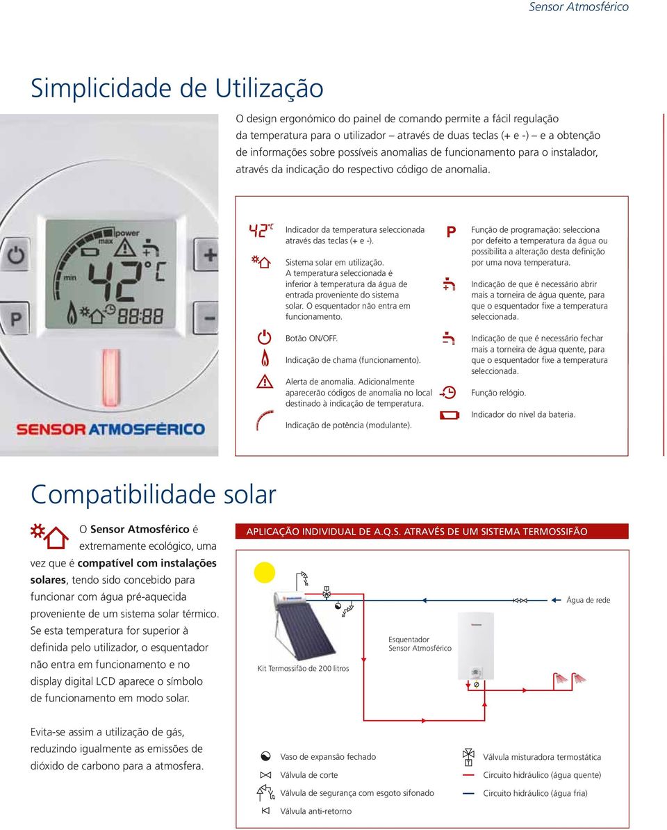 Sistema solar em utilização. A temperatura seleccionada é inferior à temperatura da água de entrada proveniente do sistema solar. O esquentador não entra em funcionamento. Botão ON/OFF.