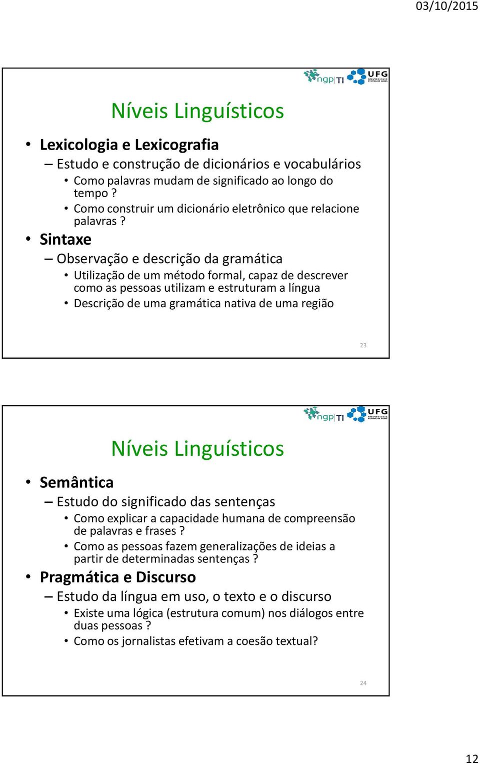 Sintaxe Observação e descrição da gramática Utilização de um método formal, capaz de descrever como as pessoas utilizam e estruturam a língua Descrição de uma gramática nativa de uma região 23 Níveis