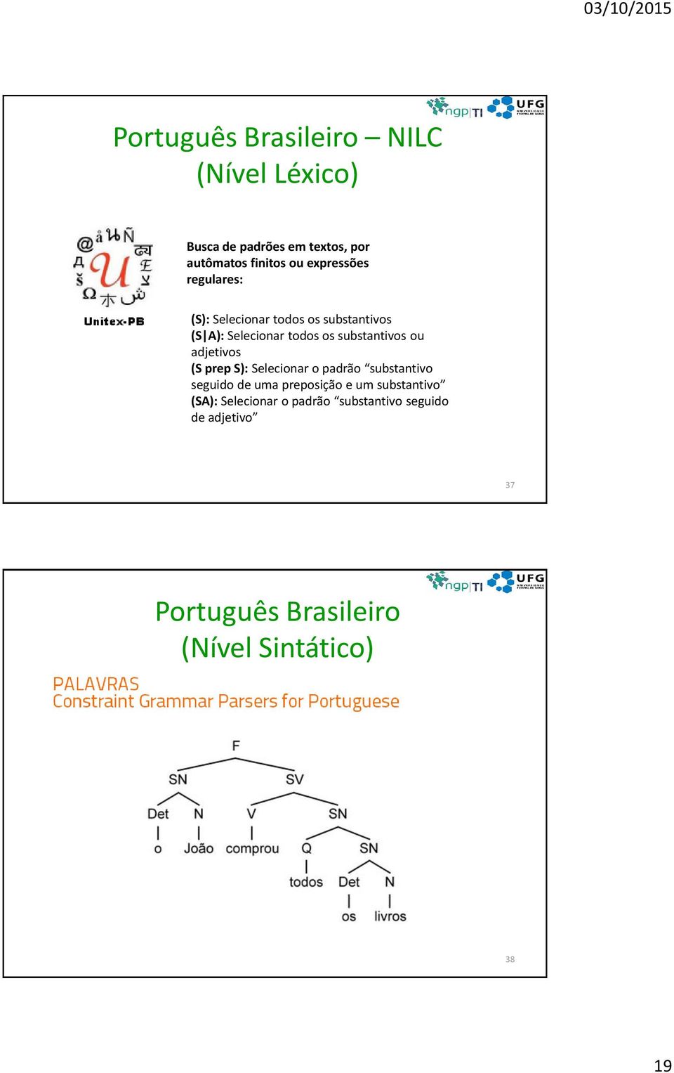 ou adjetivos (S prep S): Selecionar o padrão substantivo seguido de uma preposição e um substantivo