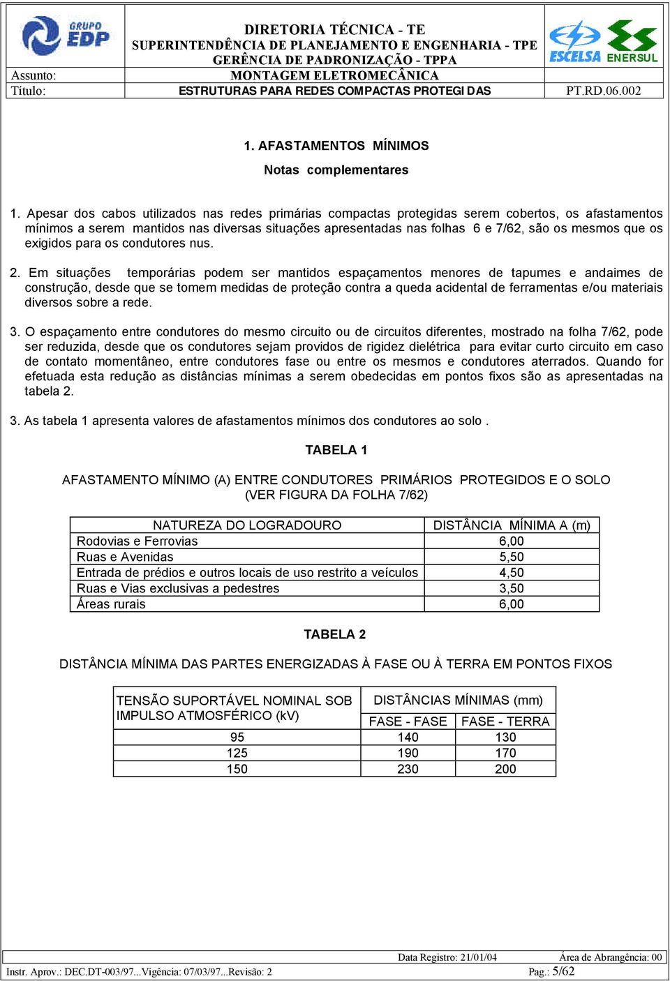 Apesar dos cabos utilizados nas redes primárias compactas protegidas serem cobertos, os afastamentos mínimos a serem mantidos nas diversas situações apresentadas nas folhas 6 e 7/62, são os mesmos