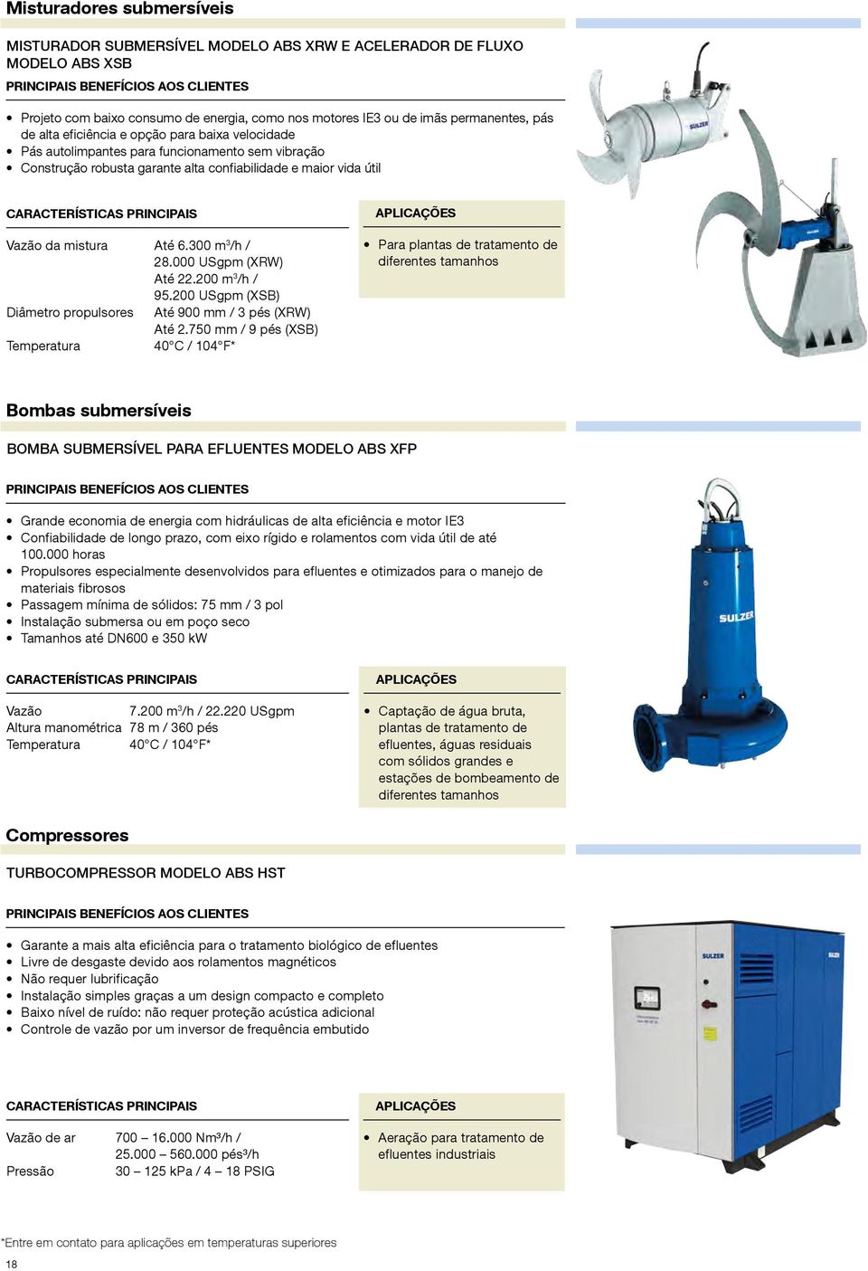 000 USgpm (XRW) Até 22.200 m 3 /h / 95.200 USgpm (XSB) Diâmetro propulsores Até 900 mm / 3 pés (XRW) Até 2.