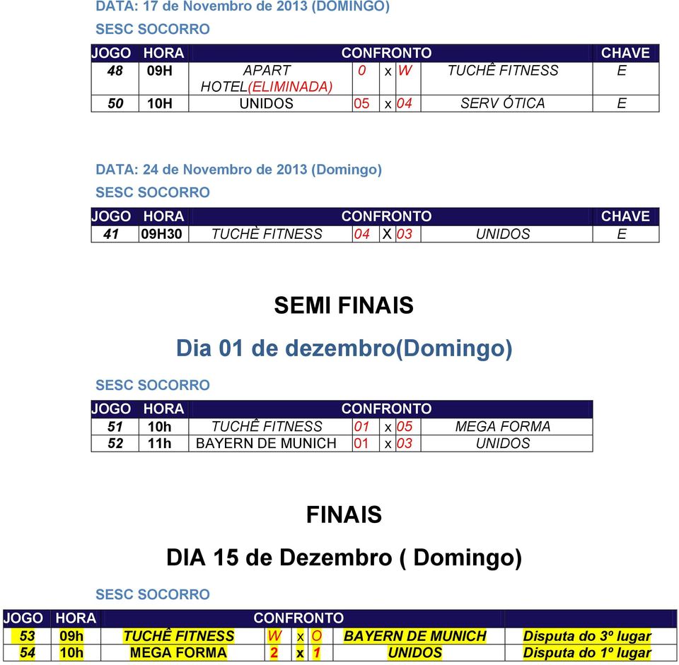 de dezembro(domingo) JOGO HORA CONFRONTO 51 10h TUCHÊ FITNESS 01 x 05 MEGA FORMA 52 11h 01 x 03 UNIDOS SESC SOCORRO FINAIS DIA 15 de